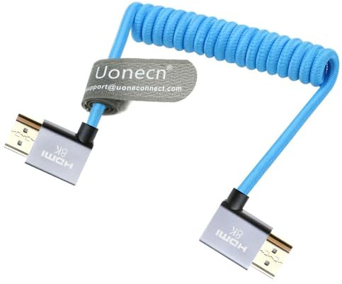 Uonecn 4K HDMI Spiralkabel für Kameras - HDMI Kabel für Atomos Ninja V, Right Angle HDMI für Sony A7S III, Kurzes HDMI Kabel für Z-CAM F6/Z-Cam E2 Pro Kameras (Blau)