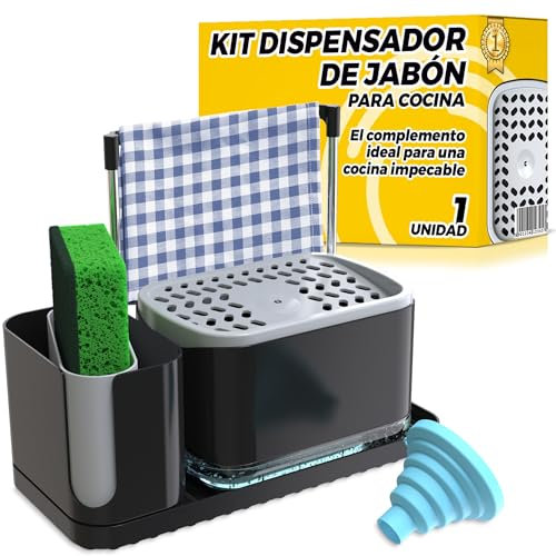 Dispensador Jabón Cocina Negro, Organizador de Cocina para Fregadero con Soporte para Cepillo, Estropajero, Jabonera y Dosificador Jabon Cocina, Accesorios Fregadero con Embudo - 2 Piezas