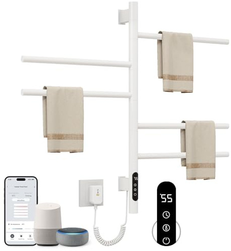 SKYLYZH Badheizkörper Elektrisch 415x680mm 85W 180° Drehung Handtuchheizkörper Elektrisch Weiß Handtuchheizkörper Heizkörper Bad Badheizkörper Handtuchhalter mit Timer und Thermostat-G63 WiFi White