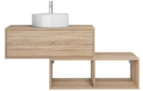 Vente-unique-Mueble de baño Flotante de Natural Claro con Lavabo Redondo - 1 cajón y 2 estantes - 94 cm - TEANA II