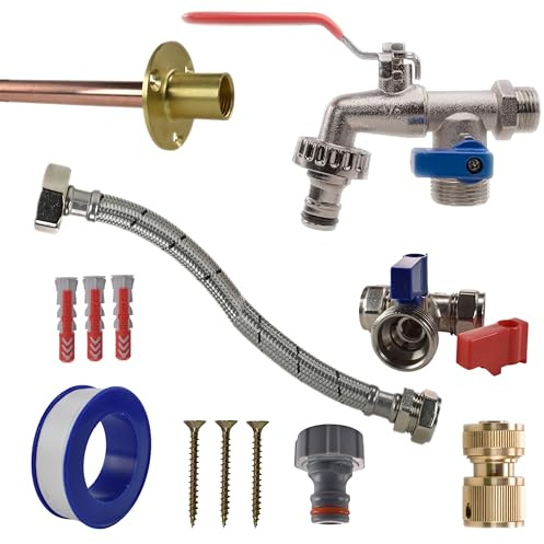 Outdoor Complete Garden Tap Instillation Kit with Double Outlet Lever Tap,Valve,Flexi Pipe,Copper Pipe,wall Plugs,Screws,PTFE,Extra tap Connector,Brass Hose Fitting+Double Outlet Faucet