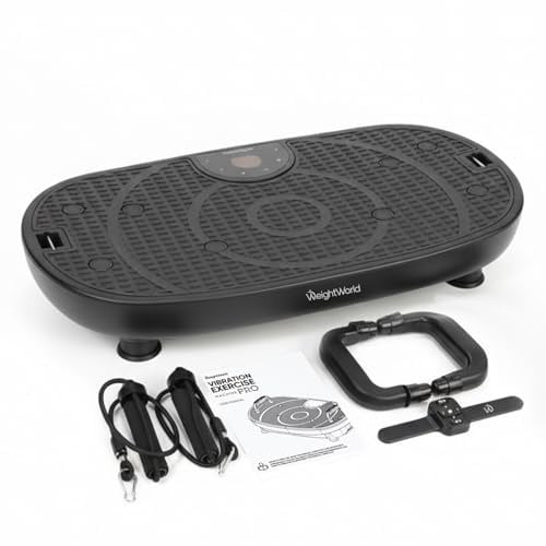 Vibration Plate Exercise Machine Pro - For Full Body Workouts - 7 Programs & 180 Speed Levels - Vibration Fitness Trainers with Bluetooth & Transport Wheels - Includes Push-Up Bars & Resistance Bands