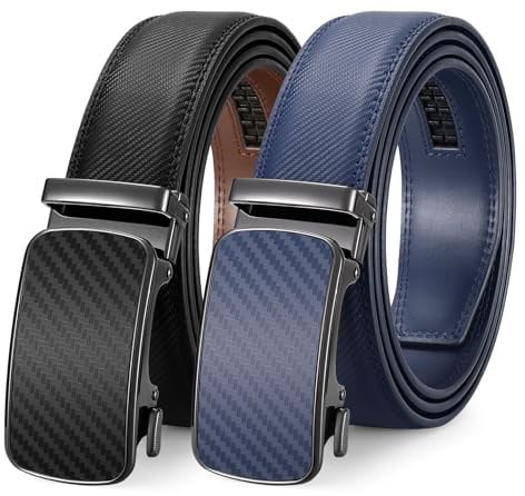 LEACOOLKEY 2 Stücke Gürtel Herren, Ledergürtel für Herren mit Ratsche Automatikschließe Verstellbar Business Anzug Männer Leder Gürtel Breit 35mm,Größe Angepasst