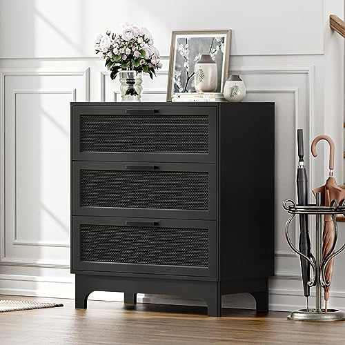 Skokliz Rattan Kommode fürs Schlafzimmer, Komodenschrank, Schubladenschrank mit 3 Schubladen | Breite Aufbewahrungskommode | Stauraum-Organizer fürs Kinderzimmer, für Schlafzimmer, Flur, Wohnzimmer