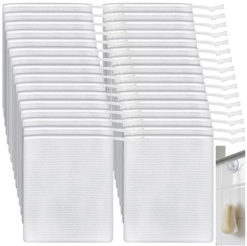 LIQWEI 40 Stück Seifensäckchen, Nylon Seifenbeutel, Nylon Schaumnetze | Weiß Seifensäckchen mit Kordelzug Peeling-Seifenbeutel aus Netzgewebe Seife Mesh Tasche für festes Duschgel Baden Werkzeug