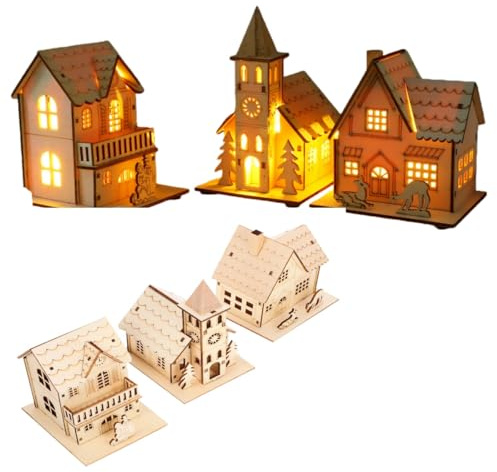 VICASKY Winterdorf Mit Beleuchtung Räder Lichthaus Weihnachtshäuser Weihnachtsstadt Weihnachtsdorf Zubehör Holzhaus Holz LED Weihnachtshaus Beleuchtet Holzhaus: 3 Stücke Häuser mit Weihnachten
