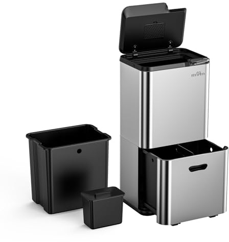 mVm Cubo de Basura Cocina de Acero Inoxidable, 3 Compartimentos 63L con Tapa de Cierre Suave, Contenedor Multifuncional para Separación de Residuos en Casa u Oficina, Gris
