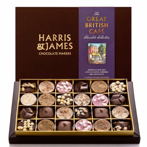 Harris & James Great British Café 24 Piece Chocolates Gift Box. Handmade Luxury Chocolates - A Celebration Of Timeless Café Favourites From Silky Lattes To Classic Desserts.