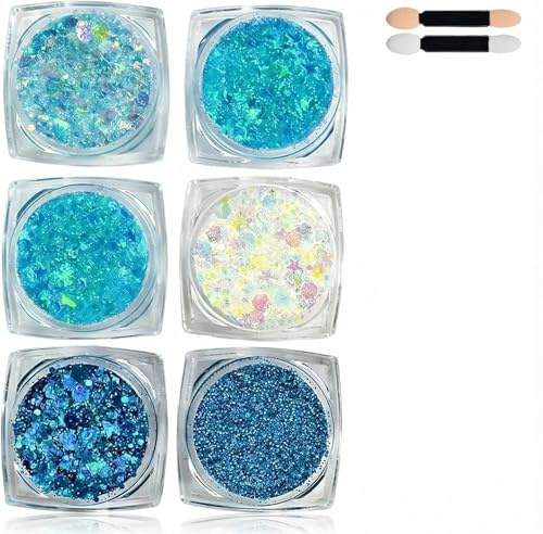 Glitter Azul para Cara y Cuerpo 6 Piezas – Gel de Purpurina Festival con Lentejuelas Chunky, Maquillaje Brillante para Carnaval, Halloween, Fiestas y Eventos