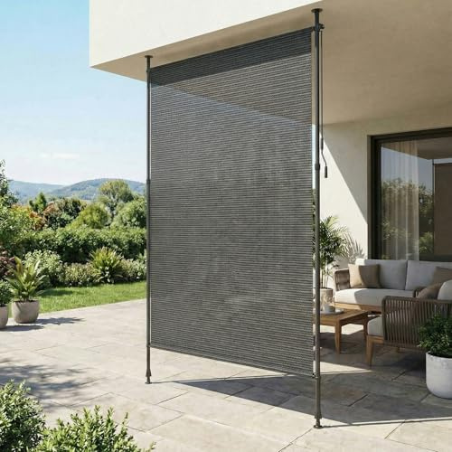 LIFERUN Toldo Vertical HDPE de Pinza 150×310 cm Gris, Protección Visual Extensible y Opaca, Sin Taladrar con Manivela, Protección Intimidad, Solar y Antiviento, para Balcón, Terraza, Jardín
