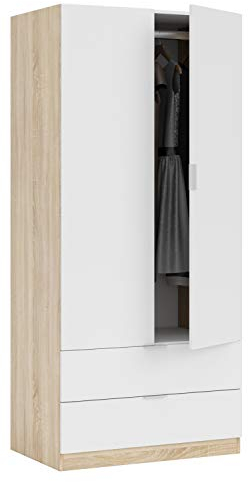 Kleiderschrank mit zwei Türen und zwei Schubladen unten, Eichenfarbe mit weißen Türen, 81,5 x 180 x 52 cm.