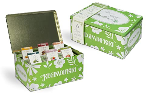 Regina di Fiori - Confezione Regalo con Infusi e Tisane Biologici. 6 Gusti Assortiti, 30 Filtri, in Latta Decorata
