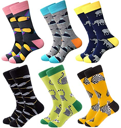 RedMaple Mens Colorful Funny Dress Socks, Cotton Novelty Fun Pattern Socks | Funky Smart Design Crew Socks, Casual Soft Breathable Calf Socks with Reinforced Heel & Toe, for Daily Wear, 6 Pairs