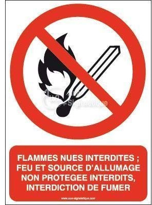 AUA SIGNALETIQUE - Flammes nues interdites- interdiction de fumer P003-AI - 300x420 mm, Aluminium Dibond 3mm, Interdiction de fumer