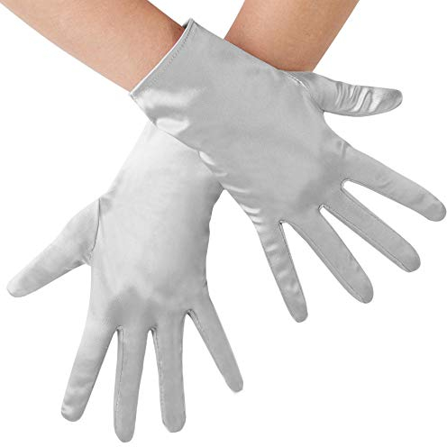 dressforfun 901016 Damen Satin Handschuhe, kurze Satinhandschuhe für Kostüm Fasching Karneval Halloween Hochzeit Fest Party Opera 1920er Accessoires, 23 cm - diverse Farben - (silber | Nr. 303659)
