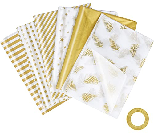 LAITER 60 Blatt Gold Geschenkpapier Hochzeit 50x70cm Goldenes Seidenpapier Geschenk Papier mit Stern Punkt Streifen Hochzeiten Gechenkverpackung Verpackungsmaterial für Hochzeiten Geburtstag