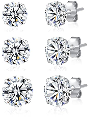 3 Pairs 925 Sterling Silver CZ Stud Earrings Set 4mm 5mm 6mm Hypoallergic Cubic Zirconia Stud Earrings Men Women Earings Sparkly Stack Earrings for Sensitive Ear