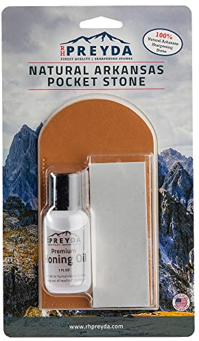 Natural Arkansas Pocket Stone Kit, Sharpening Stones and Premium Honing Oil for Small Blades and Lures, 4 x 1-5/8 x 1/2-Inch Whetstone with Vegan Leather Case, by RH Preyda