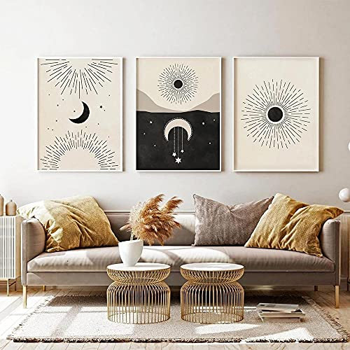 marca generica Boho Poster Abstrakte Linie Wandkunstdruck Himmlische Malerei Sonne Mond Sterne Leinwand Poster Nordic Wandbilder Wohnzimmer Dekor Ungerahmt-40x50cmx3