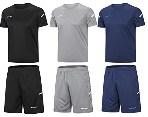 BUYJYA Lot de 3 shorts et 3 T-shirts de sport pour homme, pour le basket-ball, le football, l'exercice, la course à pied, la salle de sport, 3X-Large