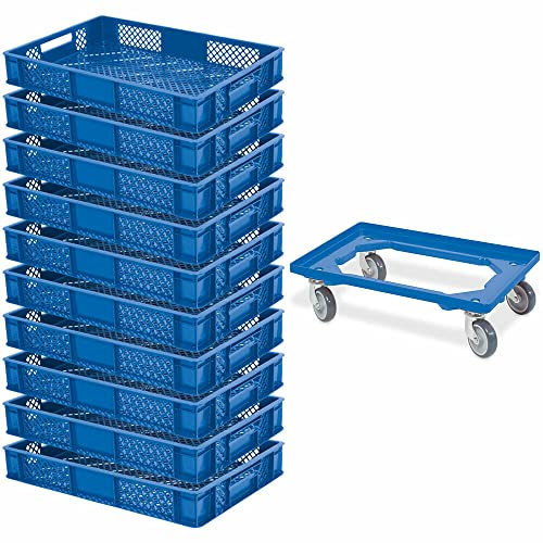 BRB 10 Eurobehälter, LxBxH 600x400x90 mm, Industriequalität, lebensmittelecht + 1 Transportroller (blau/blau)