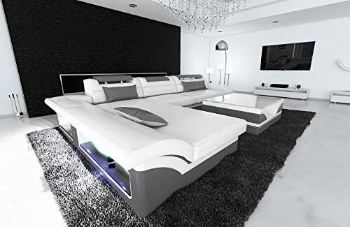 Ecksofa Monza L Form Ledersofa Sofa - mit LED Beleuchtung, verstellbare Kopfstützen, Recamiere/Lederfarben wählbar/Ausrichtung wählbar (Ottomane Links, Weiß-Grau)
