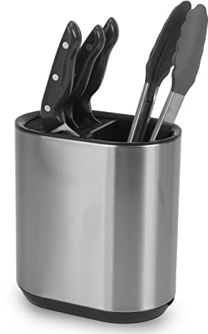 Top 3 Kitchen Utensil Holder and Knife Block – Stainless Steel Cutlery Holder and Organiser Storage – Simple Drainage System – Non-Slip Cutlery Organiser – for Spoons, Forks, Knives, Ladles