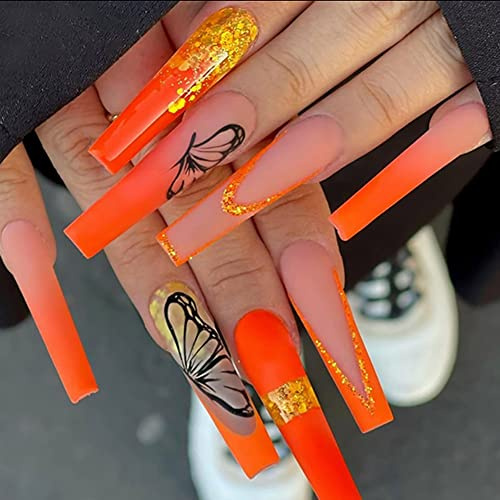 Carufin 24Pcs Crown Lips Long Coffin Nail Shining Heart French Acrylic Press on Nails Ballet False Nails for Women Girls (E)