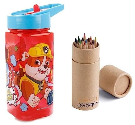 OM SUPPLIES Patrol Reusable Square Water Bottle Drink Bottle with built-in handle for Easy Carry School Lunch Kids Childrens 510ml BPA free Plastic (Patrol)