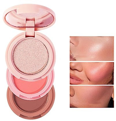 Palette di polvere compatta per il trucco 3 in 1 con luminosità, 3 colori illuminante, kit di fard e illuminante, palette di fard, cipria per il viso con glitter e brillantini, #3