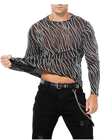 Casey Kevin Langarmshirts Herren Glitzer Muskel Transparent Hemd Tüll Mesh Shirts Freizeithemden Durchsichtig Oberteile Sexy Party Outfit Netz T-Shirt