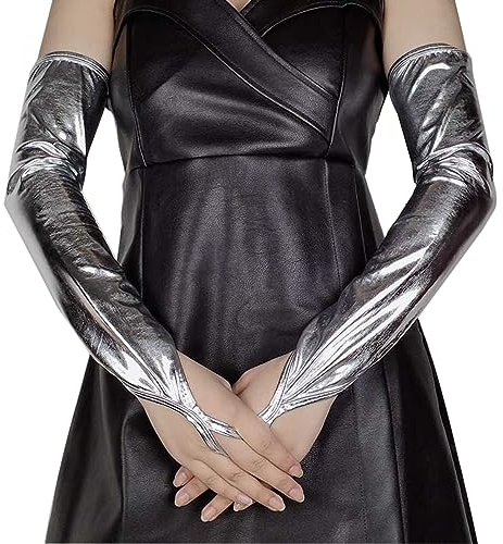 SUNTRADE Fingerlose lange Handschuhe für Damen, metallisch, für Hochzeit, Abendparty, Cosplay, Kostüm, Nachtclub, Tanzkleidung (Silber)