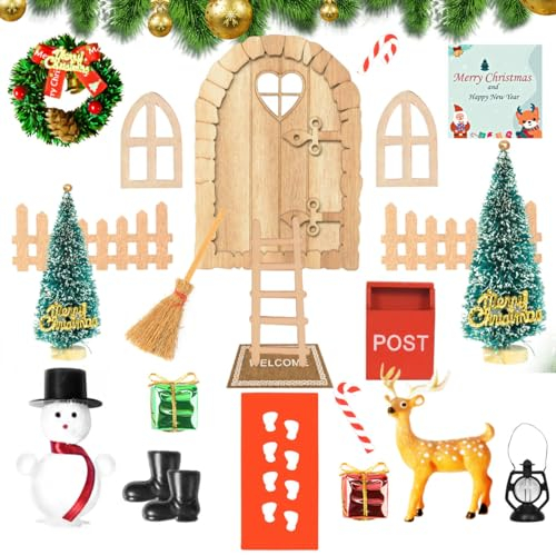 Gcstnn Kit Porta Elfo Natale, 25Pcs Segreto Porta Elfo di Natale Accessori, Miniatura Natalizie Legno Decor per Porta delle Fate, con Pupazzo di Neve, Albero di Natale, Alce, Regalo DIY per Bambini
