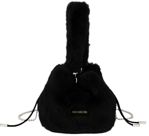 Meliyya Damen Fellimitat Schultertasche Plüsch Clutch Umhängetasche Flauschige Handtasche mit Kordelzug Plüsch Henkel Kette 16,5 * 17,5 * 15,5cm, Schwarz