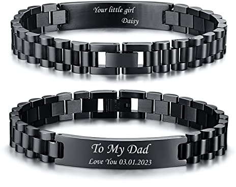 Armband Herren Schwarz Papa Personalisiertes : Geschenk Armreif Edelsathl 21.5cm Gravur Männer Glieder armbänder Junge Schmuck für Dad Geburtstagsgeschenk Vatertagsgeschenk