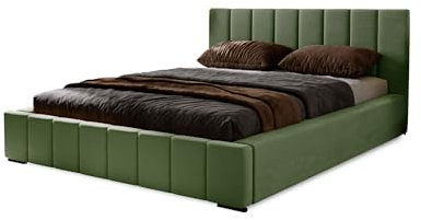 MARPUR Polsterbett Nero mit Kopfteil, 140x200 cm, Doppelbett mit Bettkasten und Lattenrost aus Holz, Velourstoff: Grün