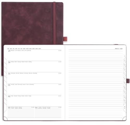 POPRUN Kalender 2025 Buchkalender A4 Notizbuch (Aug.2024-Dez.2025), ca. A4 (26,5 x 21,5 cm), Terminplaner, Wochenplaner 2025 Softcover mit PU-Leder, Zertifiziertem Papier - Weinrot