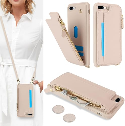 SailorTech Coque pour iPhone 7 Plus Étui avec Porte-Cartes de crédit, Etui pour iPhone 8 Plus Housse avec Courroie de Cou Portefeuille avec Fentes pour Cartes de crédit-Abricot