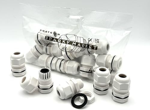 Pack of 10 M16 White 16mm IP68 Waterproof Nylon Cable Glands, Locknut and Washer for 6mm - 10mm Cables, Compression Stuffing Gland Connector Sparky Market