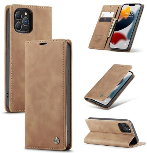 König Design Handyhülle für Apple iPhone 13 Pro Hülle Premium Kunst-Leder Klappbar Flip Case Magnet Kartenfach Standfunktion Tasche Schutzhülle für Apple iPhone 13 Pro (Braun)