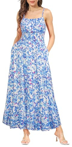 GRACE KARIN Robe de Soirée à Motif Floral pour Femmes Sexy à Bretelles Spaghetti Trapèze sans Manches Décontractée XL Fleurs Bleues sur Blanc