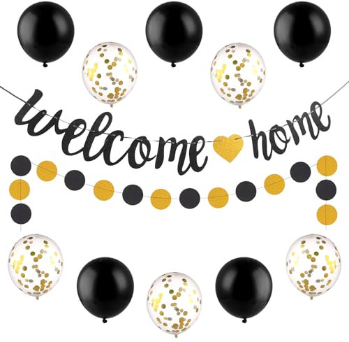 Amabro Banner di benvenuto a casa, decorazioni glitterate per la casa di benvenuto oro nero segni di benvenuto casa ghirlanda palloncini bentornato festa di inaugurazione della casa foto puntelli