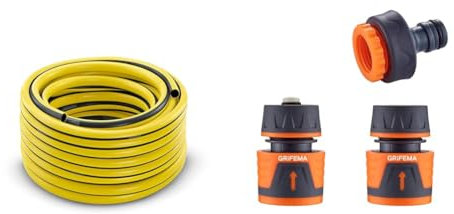 Tuyau d'arrosage jaune Karcher de 50m & GRIFEMA GE1103, Kit de Raccordement de Robinet/Tuyau de Jardin avec Connecteur Waterstop 1/2
