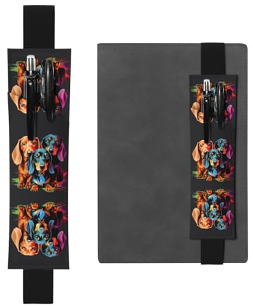 Schwarzer Stifthalter, Lesezeichen, PVC-Leder, verstellbares Gummiband, 21,1–4,6 cm, geeignet für die meisten Notizbücher, Tagebücher, Handbücher, Planer, bunt, niedliche Dackel-Drucke