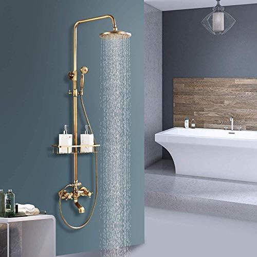 Bathroom Shower Tap Rainfall Shower Head,Hand Spray Tub Tap With Storage Shelf Double Handle Cold And Hot Water Antique Brass Wall Mount Shower Set