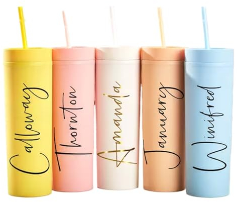 Bykiyevm Lot de 5 gobelets fins personnalisés avec couvercle et paille – Gobelets personnalisés avec nom pour demoiselle d'honneur, fête prénuptiale, demande en mariage, enterrement de vie de jeune