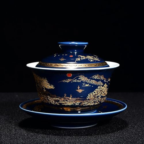 YUZHIME 1 Pieza de sopera de Porcelana Estampada con Esmalte Azul, Cuenco Cubierto de cerámica gaiwan con platillo de Taza