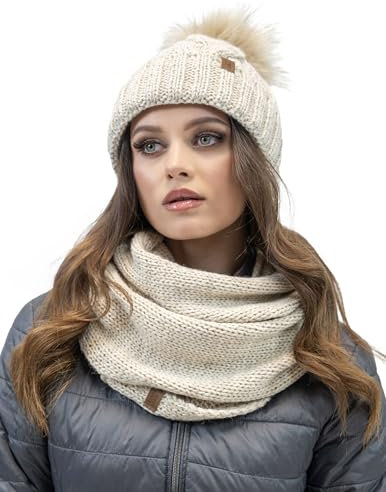 VIVISENCE Damen Bommelmütze Und Loop-Schal Mit Bommel Ideal Für Wintertage 7014, Hellbeige,Einheitsgröße