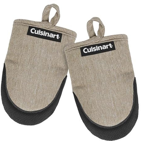 Cuisinart Mini Oven Mitts – 5.5” x 7” Heat-Resistant Kitchen Mitts for Oven with Non-Slip Neoprene Palm, Cotton Filling, and Fabric Loop – Durable Oven Mitt Set for Cooking & Baking (Taupe)
