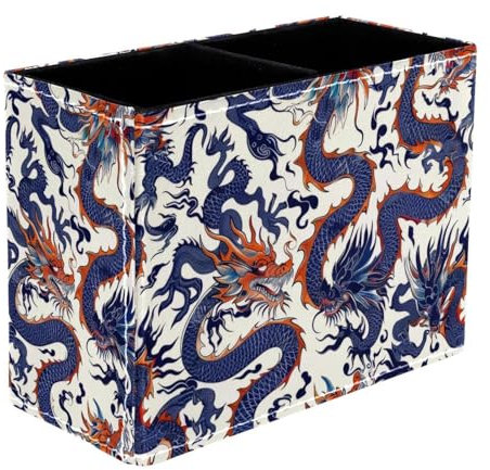 Eslifey Pen Holder Square Pencil Holder for Desk, Cool Chinese Dragon Pattern Pen Pot Pen Cup Makeup Brushes Holder Stand Display Desk Stationery Organiser for Home Office School